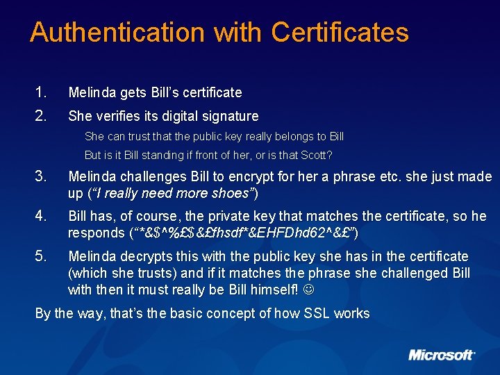 Authentication with Certificates 1. 2. Melinda gets Bill’s certificate She verifies its digital signature