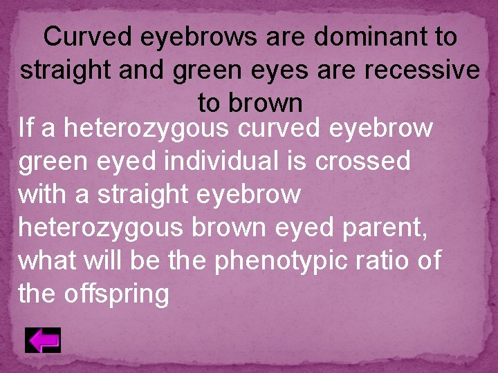 Curved eyebrows are dominant to straight and green eyes are recessive to brown If