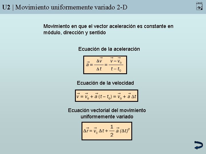 U 2 | Movimiento uniformemente variado 2 -D Movimiento en que el vector aceleración