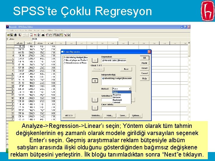 SPSS’te Çoklu Regresyon Analyze->Regression->Linear’ı seçin; Yöntem olarak tüm tahmin değişkenlerinin eş zamanlı olarak modele