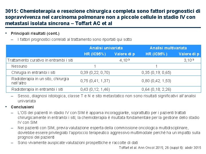 3015: Chemioterapia e resezione chirurgica completa sono fattori prognostici di sopravvivenza nel carcinoma polmonare