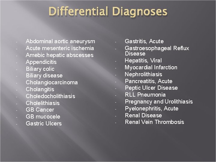 Differential Diagnoses - Abdominal aortic aneurysm Acute mesenteric ischemia Amebic hepatic abscesses Appendicitis Biliary