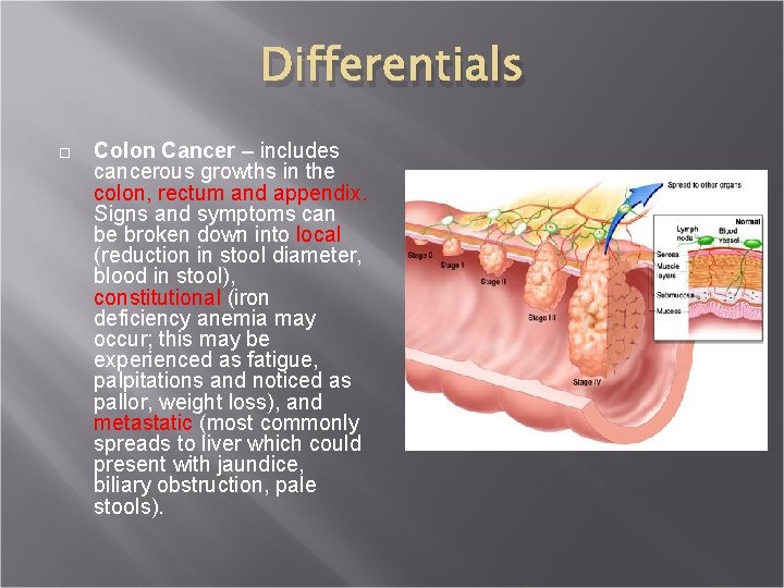 Differentials Colon Cancer – includes cancerous growths in the colon, rectum and appendix. Signs