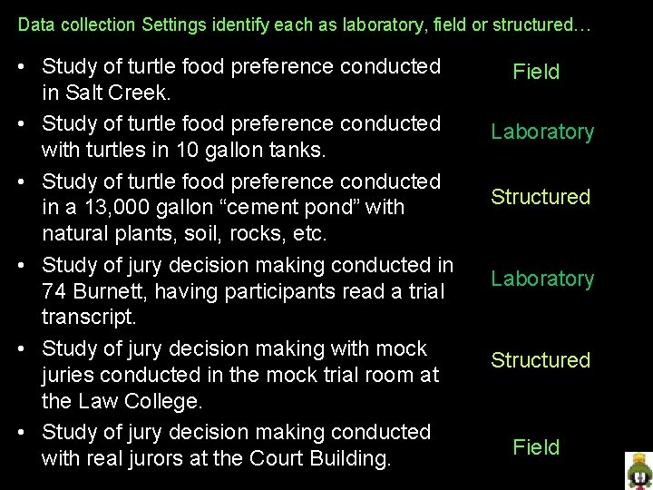 Data collection Settings identify each as laboratory, field or structured… • Study of turtle