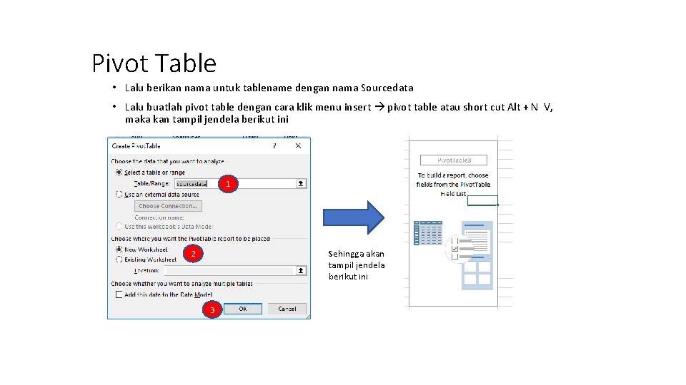 Pivot Table • Lalu berikan nama untuk tablename dengan nama Sourcedata • Lalu buatlah