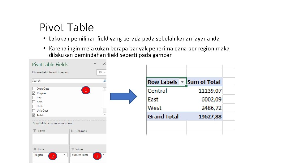 Pivot Table • Lakukan pemilihan field yang berada pada sebelah kanan layar anda •
