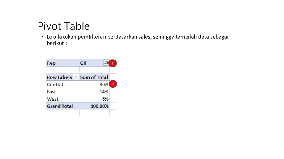 Pivot Table • Lalu lakukan pemfilteran berdasarkan sales, sehingga tampilah data sebagai berikut :