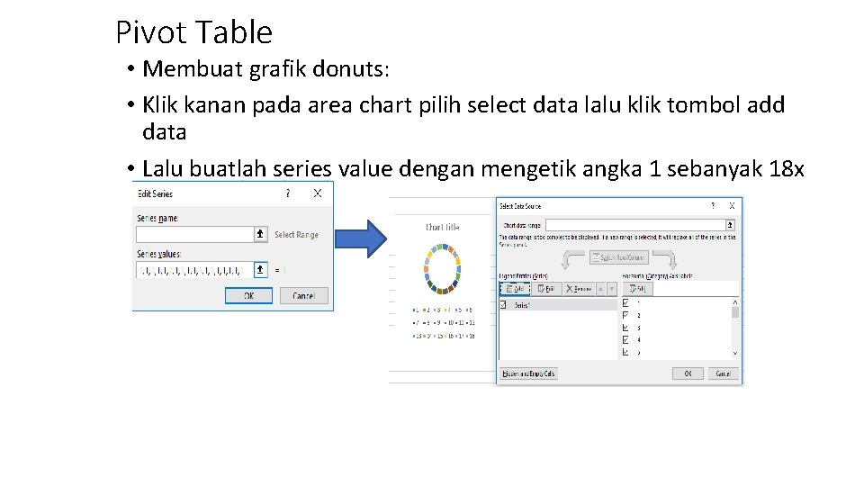 Pivot Table • Membuat grafik donuts: • Klik kanan pada area chart pilih select