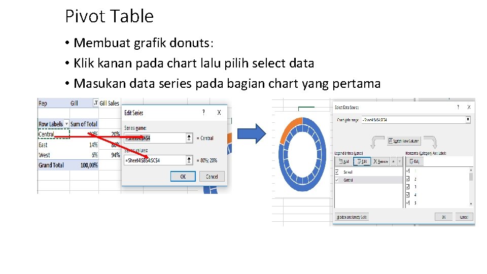 Pivot Table • Membuat grafik donuts: • Klik kanan pada chart lalu pilih select