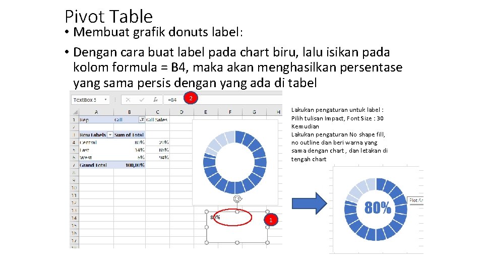 Pivot Table • Membuat grafik donuts label: • Dengan cara buat label pada chart