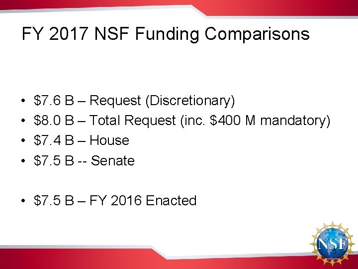 FY 2017 NSF Funding Comparisons • • $7. 6 B – Request (Discretionary) $8.