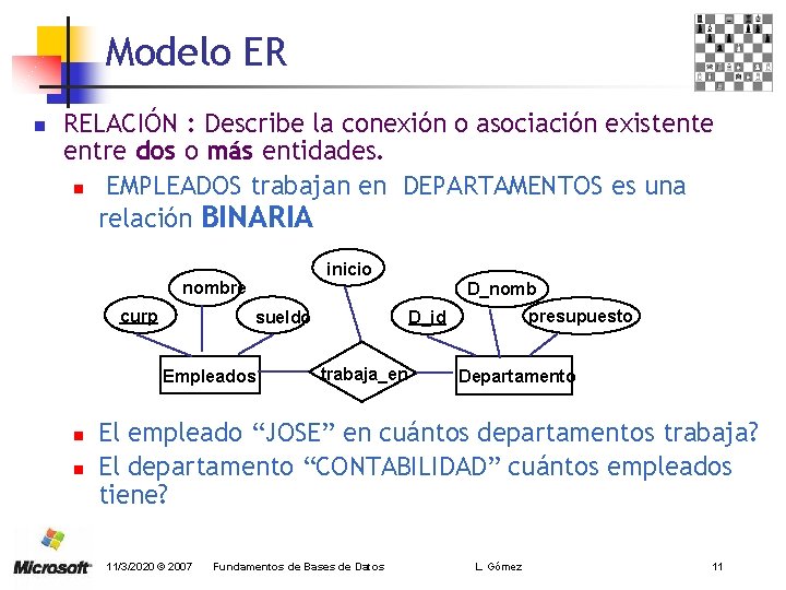 Modelo ER n RELACIÓN : Describe la conexión o asociación existente entre dos o