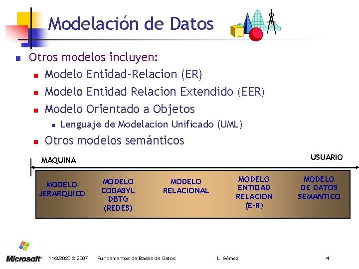 Modelación de Datos n Otros modelos incluyen: n Modelo Entidad-Relacion (ER) n Modelo Entidad