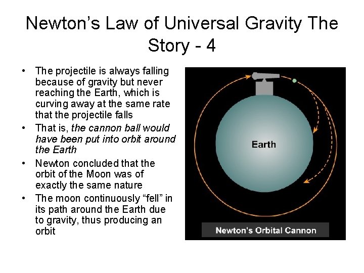 Newton’s Law of Universal Gravity The Story - 4 • The projectile is always