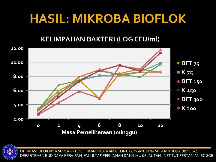 HASIL: MIKROBA BIOFLOK KELIMPAHAN BAKTERI (LOG CFU/ml) 12. 00 10. 00 BFT 75 K