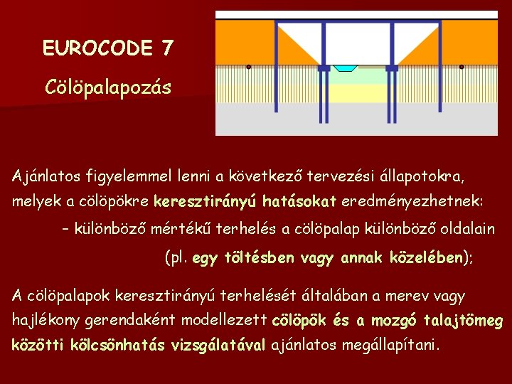 EUROCODE 7 Cölöpalapozás Ajánlatos figyelemmel lenni a következő tervezési állapotokra, melyek a cölöpökre keresztirányú