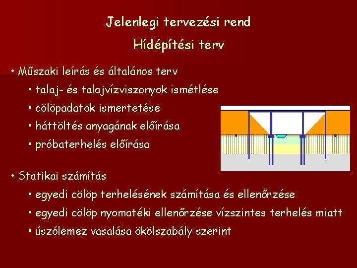 Jelenlegi tervezési rend Hídépítési terv • Műszaki leírás és általános terv • talaj- és