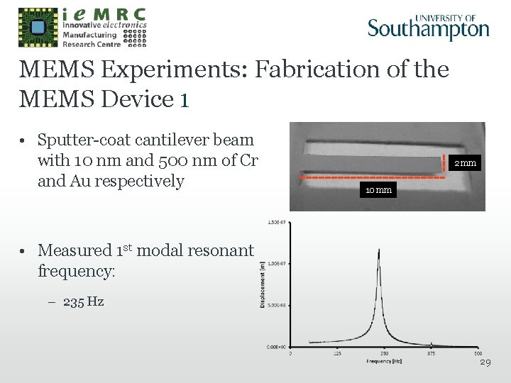 MEMS Experiments: Fabrication of the MEMS Device 1 • Sputter-coat cantilever beam with 10