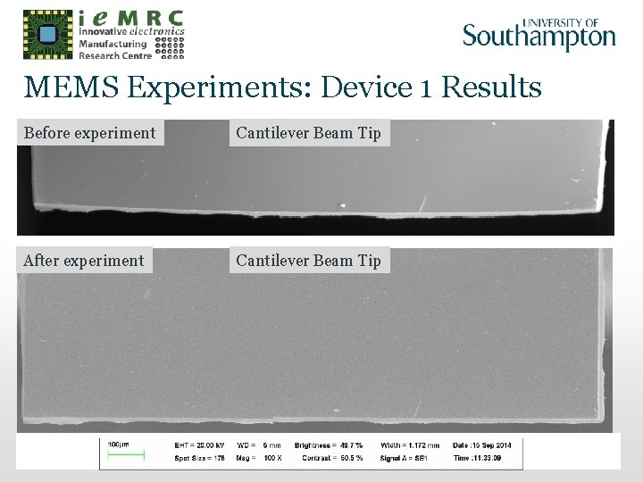 MEMS Experiments: Device 1 Results Before experiment Cantilever Beam Tip After experiment Cantilever Beam