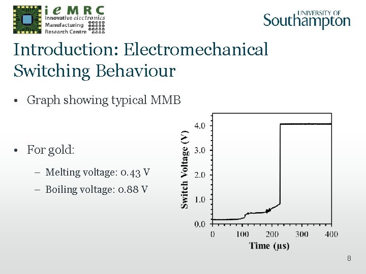 Introduction: Electromechanical Switching Behaviour • Graph showing typical MMB • For gold: – Melting