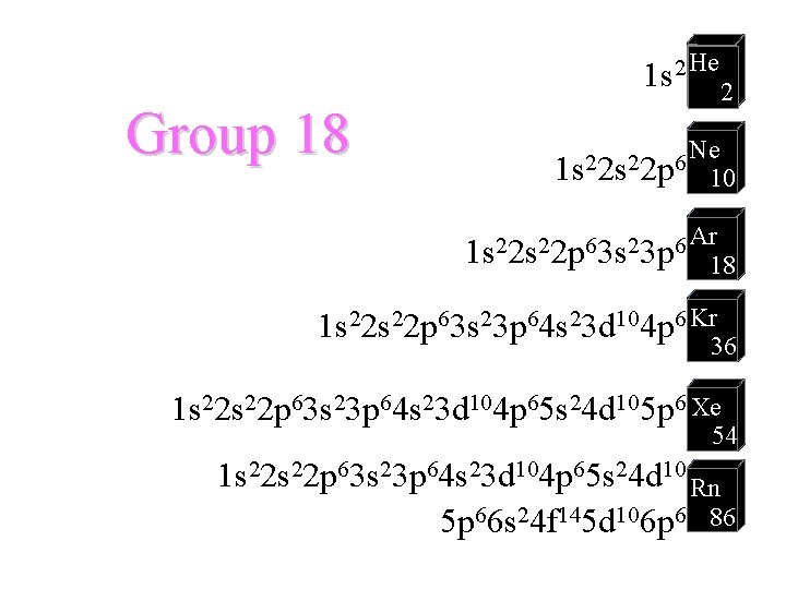 Group 18 1 s 2 He 2 1 s 22 p 6 Ne 10