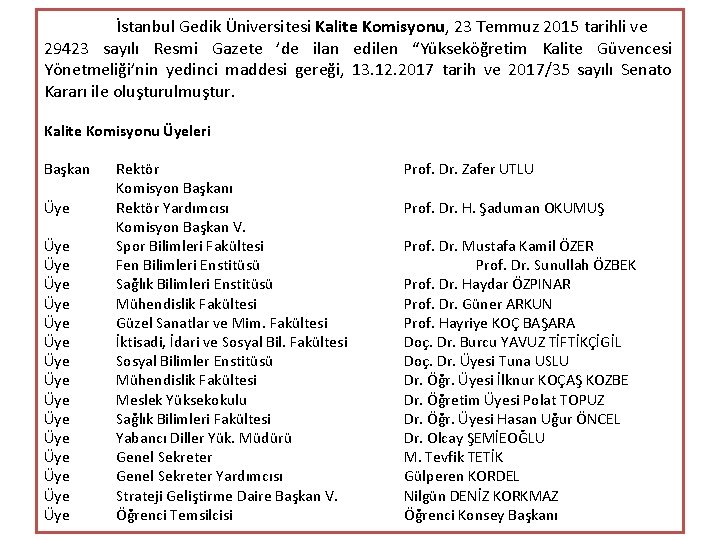 İstanbul Gedik Üniversitesi Kalite Komisyonu, 23 Temmuz 2015 tarihli ve 29423 sayılı Resmi Gazete