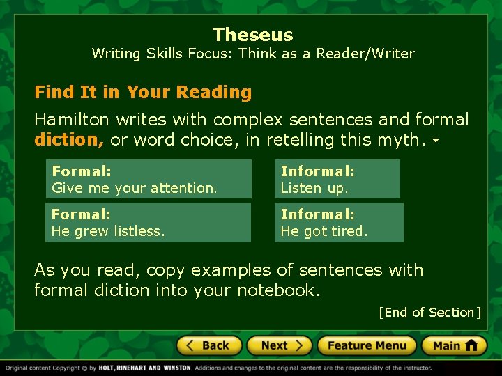 Theseus Writing Skills Focus: Think as a Reader/Writer Find It in Your Reading Hamilton