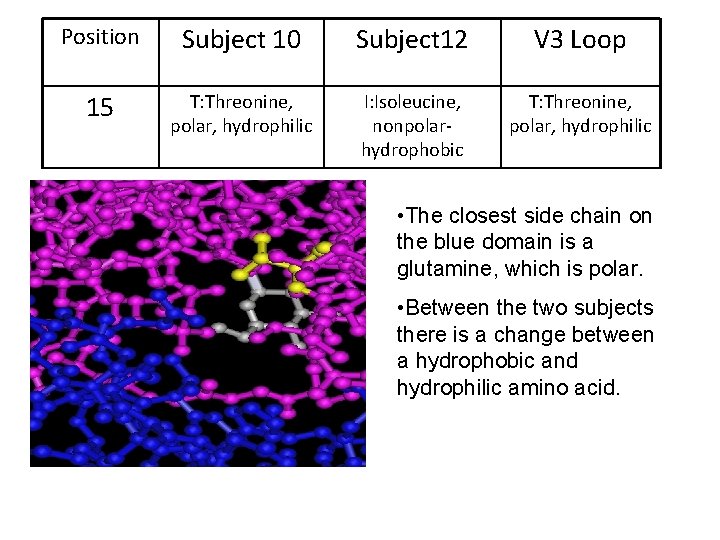 Position Subject 10 Subject 12 V 3 Loop 15 T: Threonine, polar, hydrophilic I: