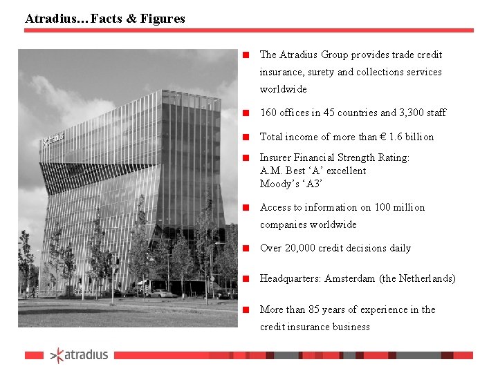 Atradius…Facts & Figures The Atradius Group provides trade credit insurance, surety and collections services