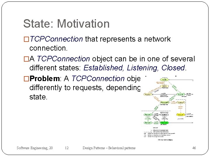 State: Motivation �TCPConnection that represents a network connection. �A TCPConnection object can be in