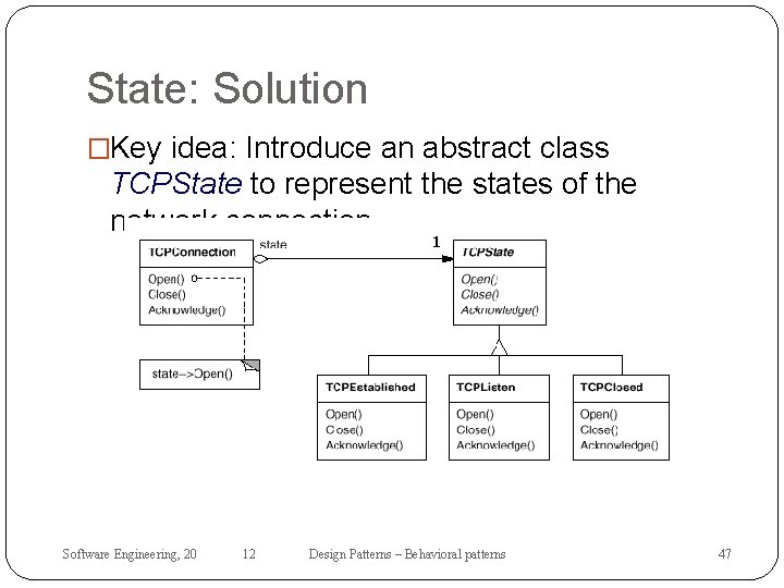 State: Solution �Key idea: Introduce an abstract class TCPState to represent the states of