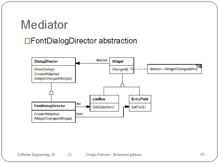 Mediator �Font. Dialog. Director abstraction Software Engineering, 20 12 Design Patterns – Behavioral patterns