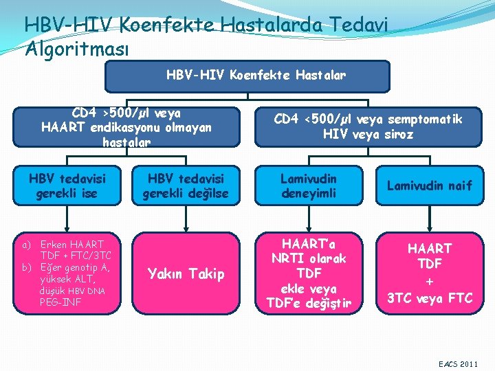 HBV-HIV Koenfekte Hastalarda Tedavi Algoritması HBV-HIV Koenfekte Hastalar CD 4 >500/µl veya HAART endikasyonu
