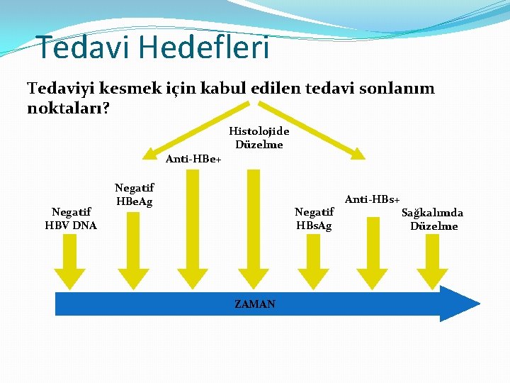 Tedavi Hedefleri Tedaviyi kesmek için kabul edilen tedavi sonlanım noktaları? Histolojide Düzelme Anti-HBe+ Negatif