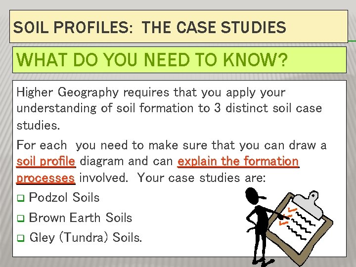 SOIL PROFILES: THE CASE STUDIES WHAT DO YOU NEED TO KNOW? Higher Geography requires