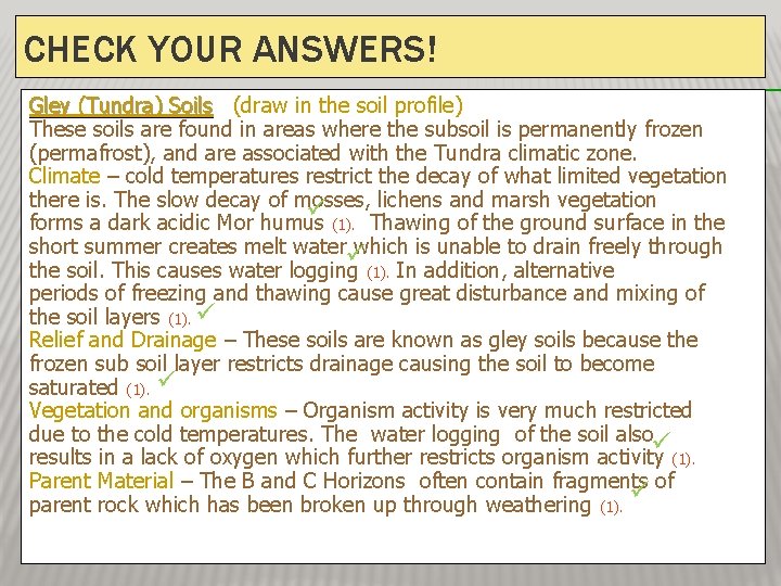CHECK YOUR ANSWERS! Gley (Tundra) Soils (draw in the soil profile) These soils are