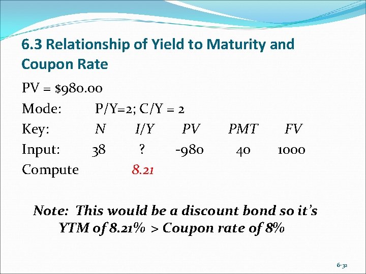 6. 3 Relationship of Yield to Maturity and Coupon Rate PV = $980. 00