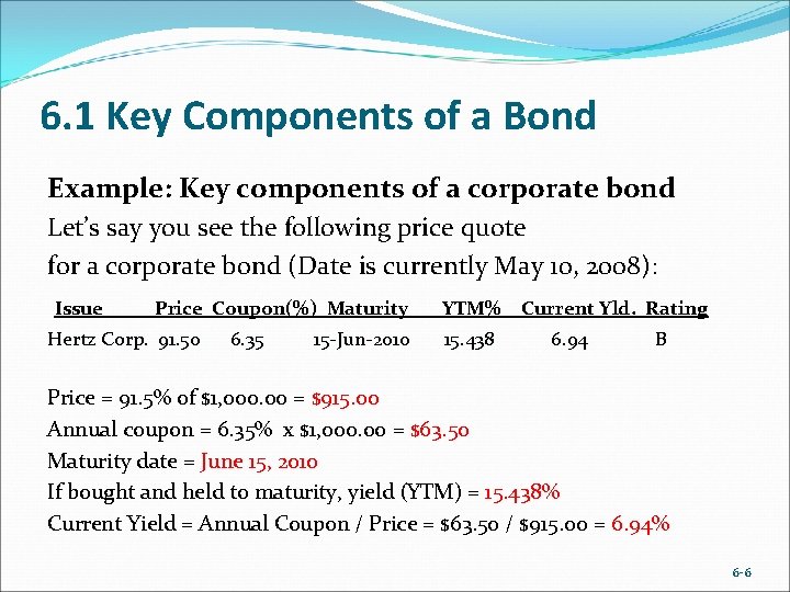 6. 1 Key Components of a Bond Example: Key components of a corporate bond