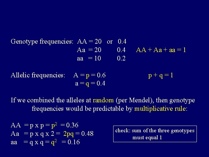 Genotype frequencies: AA = 20 or 0. 4 Aa = 20 0. 4 aa