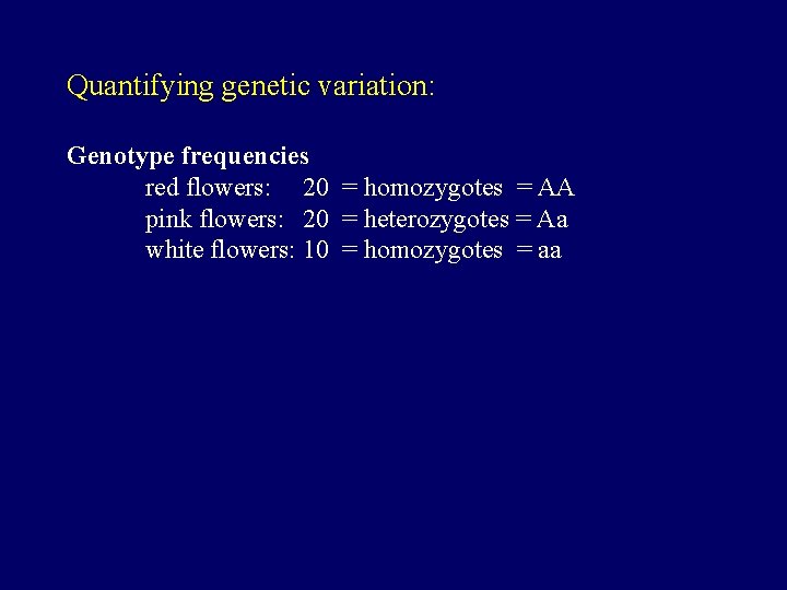 Quantifying genetic variation: Genotype frequencies red flowers: 20 = homozygotes = AA pink flowers: