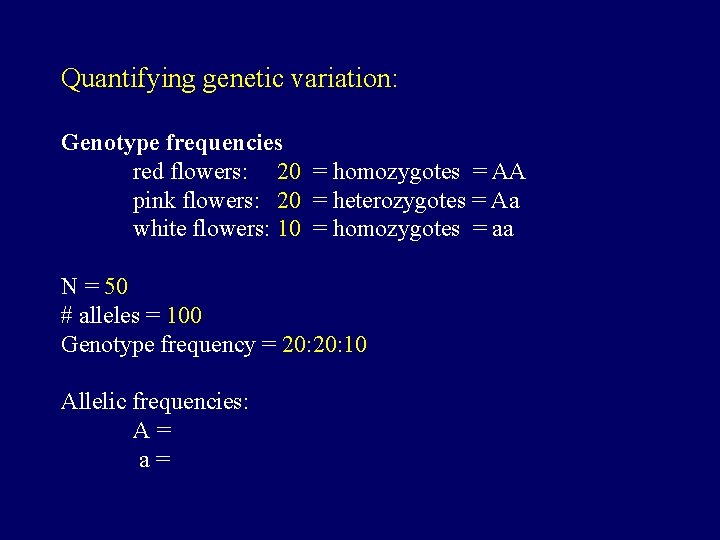 Quantifying genetic variation: Genotype frequencies red flowers: 20 = homozygotes = AA pink flowers: