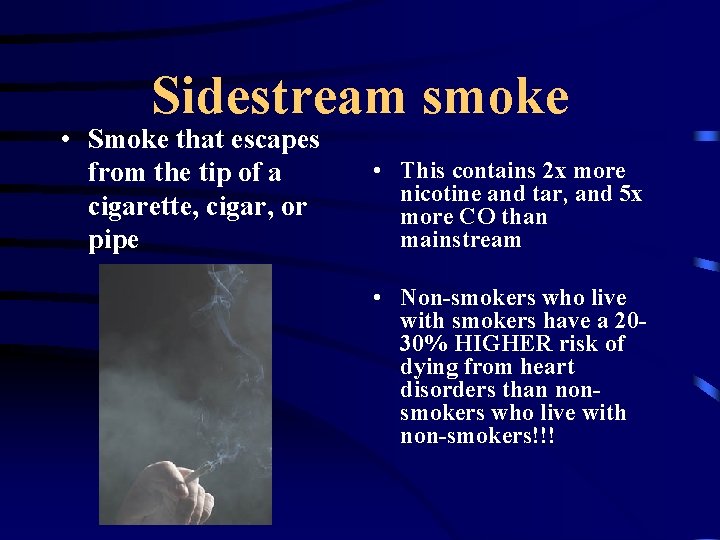 Sidestream smoke • Smoke that escapes from the tip of a cigarette, cigar, or