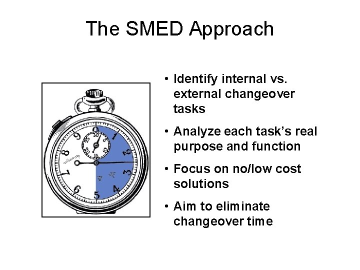 The SMED Approach • Identify internal vs. external changeover tasks • Analyze each task’s