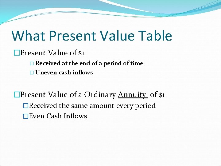 What Present Value Table �Present Value of $1 � Received at the end of