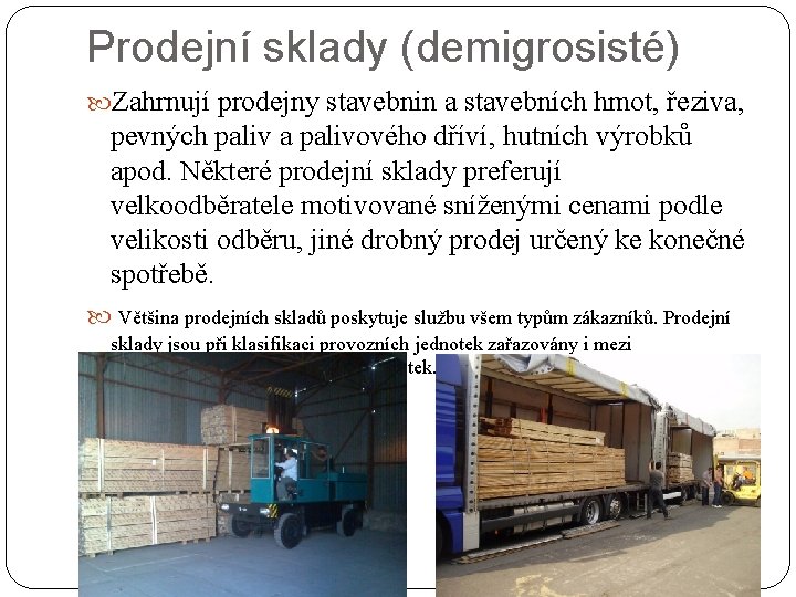 Prodejní sklady (demigrosisté) Zahrnují prodejny stavebnin a stavebních hmot, řeziva, pevných paliv a palivového