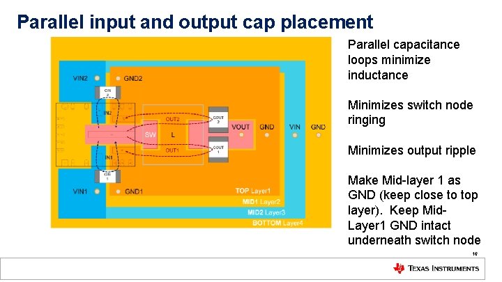 Parallel input and output cap placement Parallel capacitance loops minimize inductance Minimizes switch node