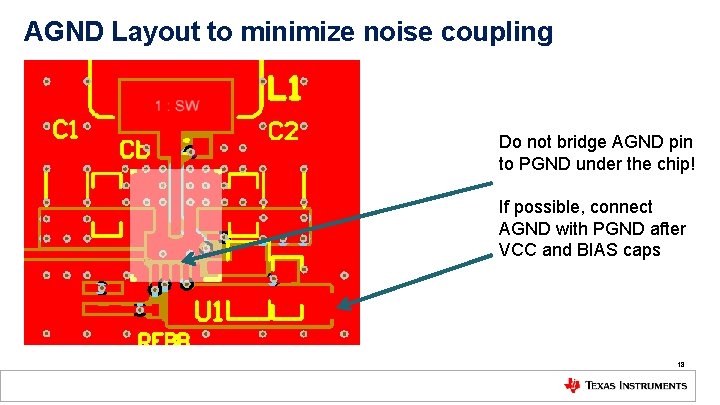 AGND Layout to minimize noise coupling Do not bridge AGND pin to PGND under