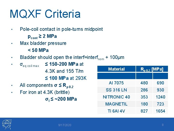 MQXF Criteria • • • Pole-coil contact in pole-turns midpoint pcont ≥ 2 MPa