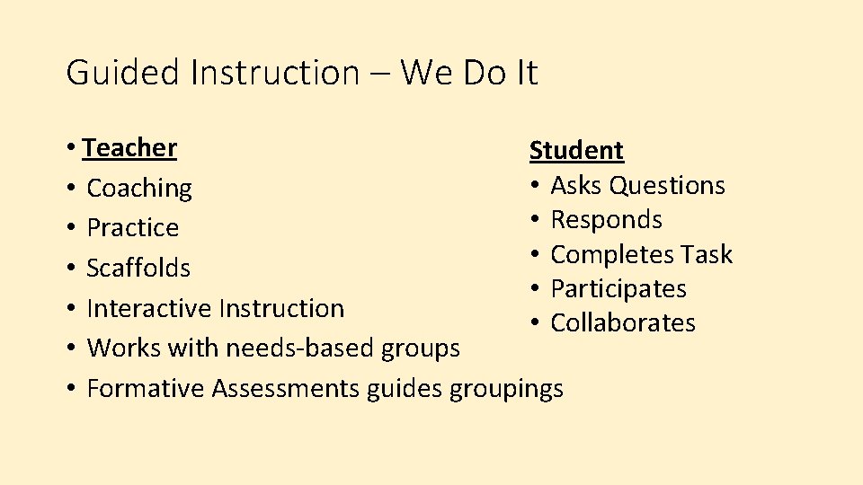 Guided Instruction – We Do It • Teacher Student • Asks Questions • Coaching