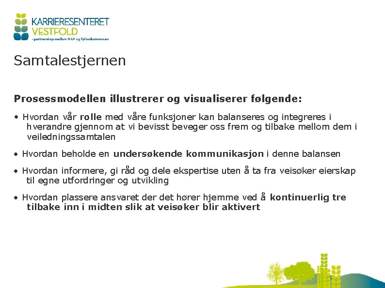 Samtalestjernen Prosessmodellen illustrerer og visualiserer følgende: • Hvordan vår rolle med våre funksjoner kan